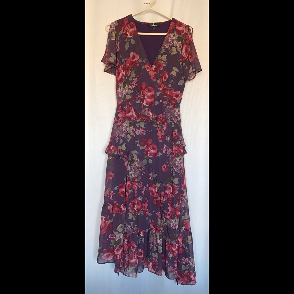 SOLD: Lulus Pick Me Up Purple Floral Ruffled Midi Dress S - Picture 2 of 3
